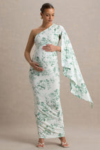 Aliana Green Porcelain Print Asymmetric Maternity Maxi Dress With Ruched Detailing – side view