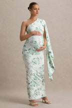 Aliana Green Porcelain Print Asymmetric Maternity Maxi Dress With Ruched Detailing – back view