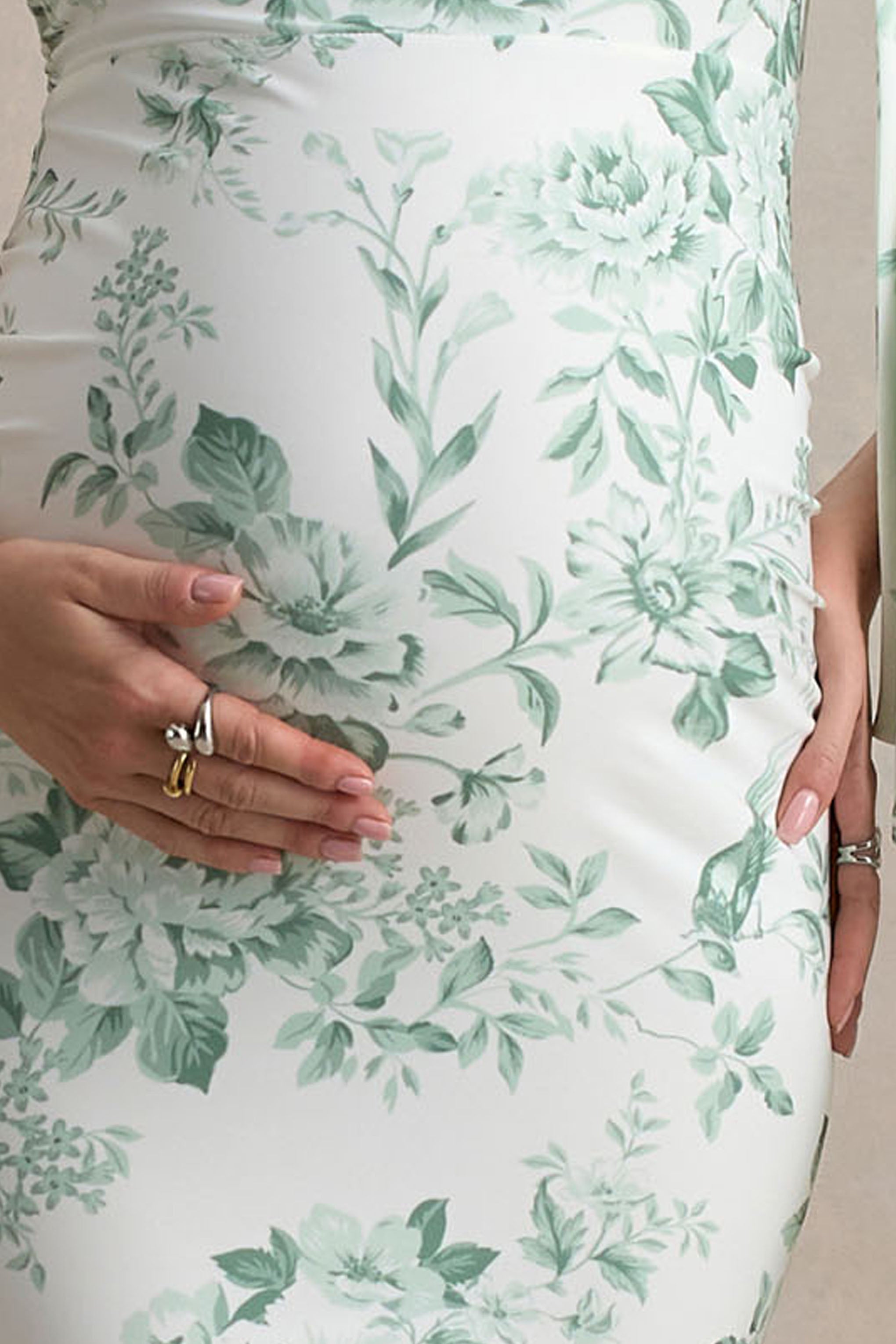 Aliana Green Porcelain Print Asymmetric Maternity Maxi Dress With Ruched Detailing – second lifestyle photo