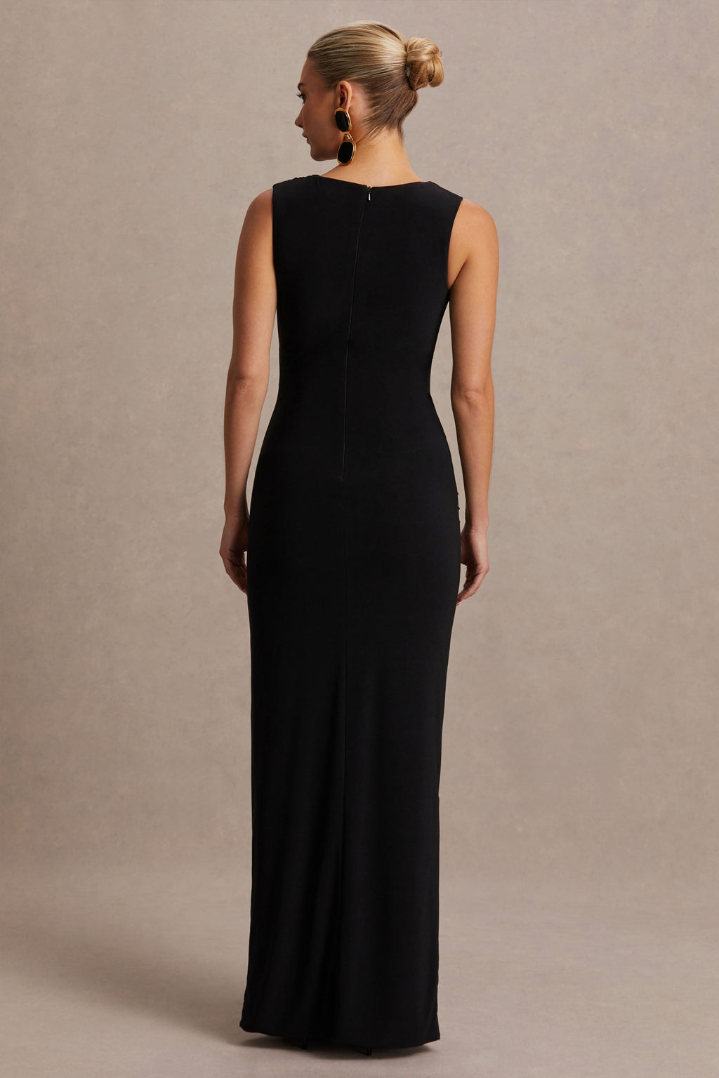 Raven Black Boat-Neck Maternity Maxi Dress With Gathered-Detailing – lifestyle photo