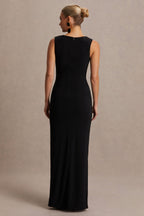 Raven Black Boat-Neck Maternity Maxi Dress With Gathered-Detailing – lifestyle photo