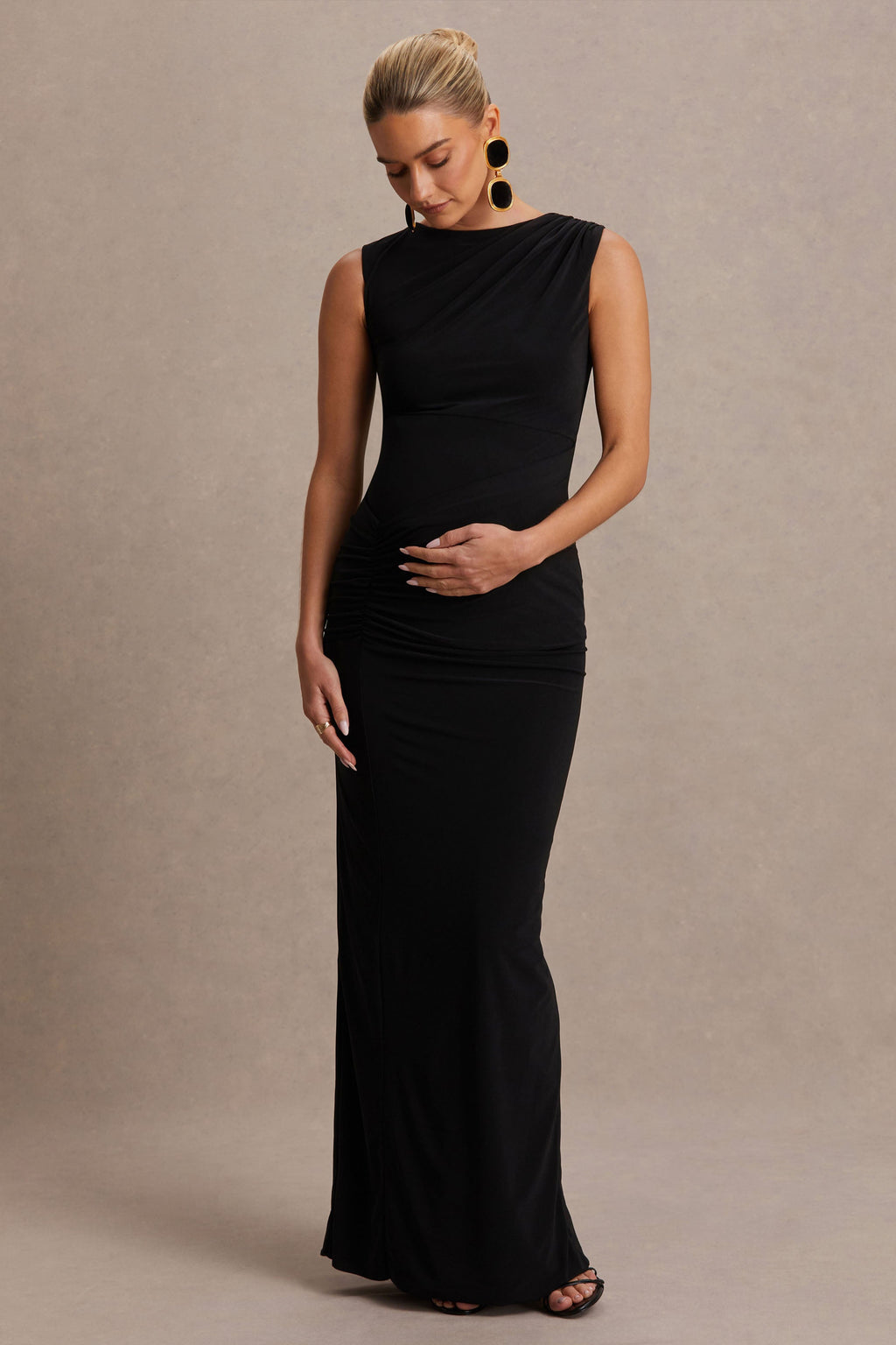 Raven Black Boat-Neck Maternity Maxi Dress With Gathered-Detailing – side view