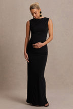 Raven Black Boat-Neck Maternity Maxi Dress With Gathered-Detailing – side view