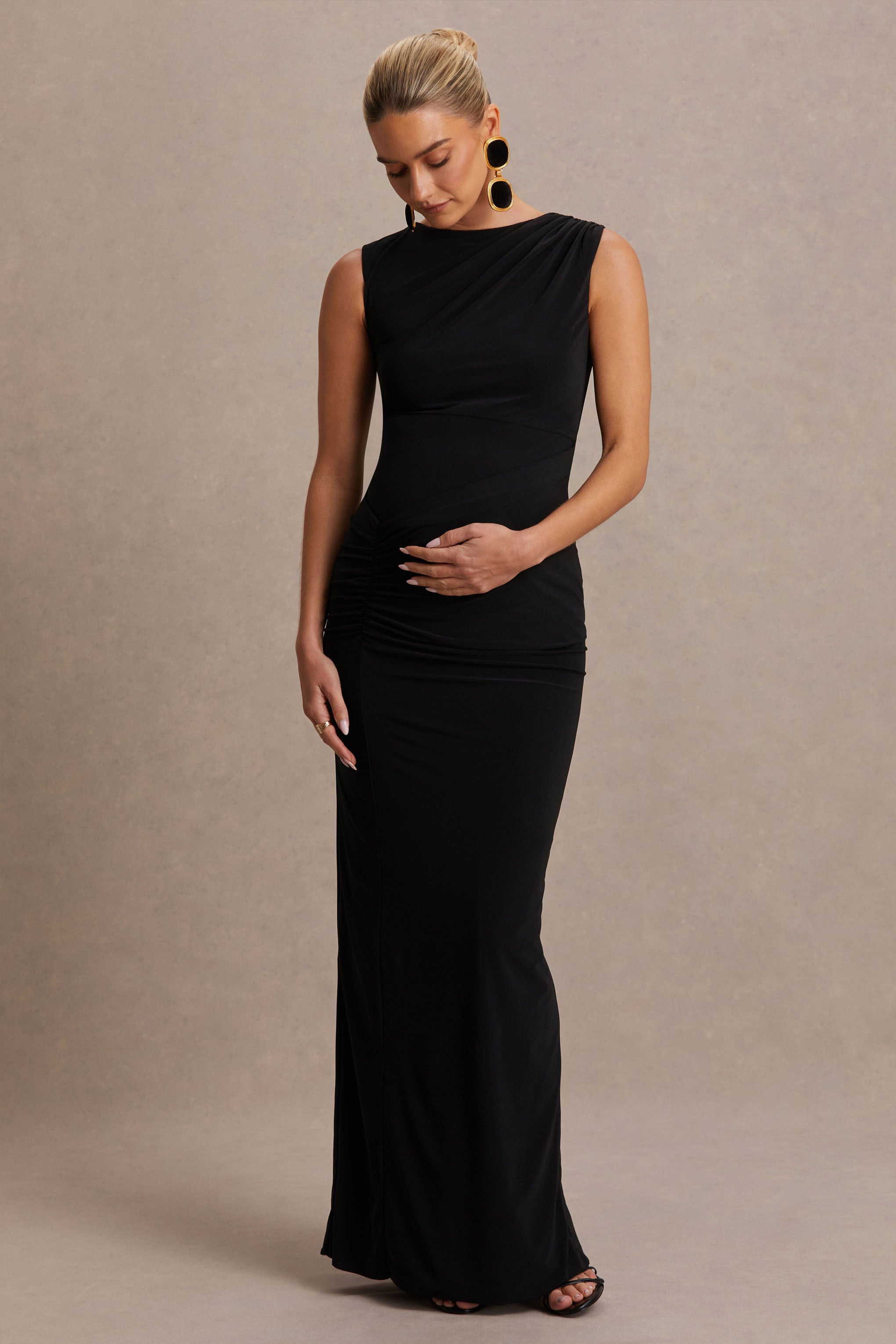 Raven Black Boat-Neck Maternity Maxi Dress With Gathered-Detailing – side view