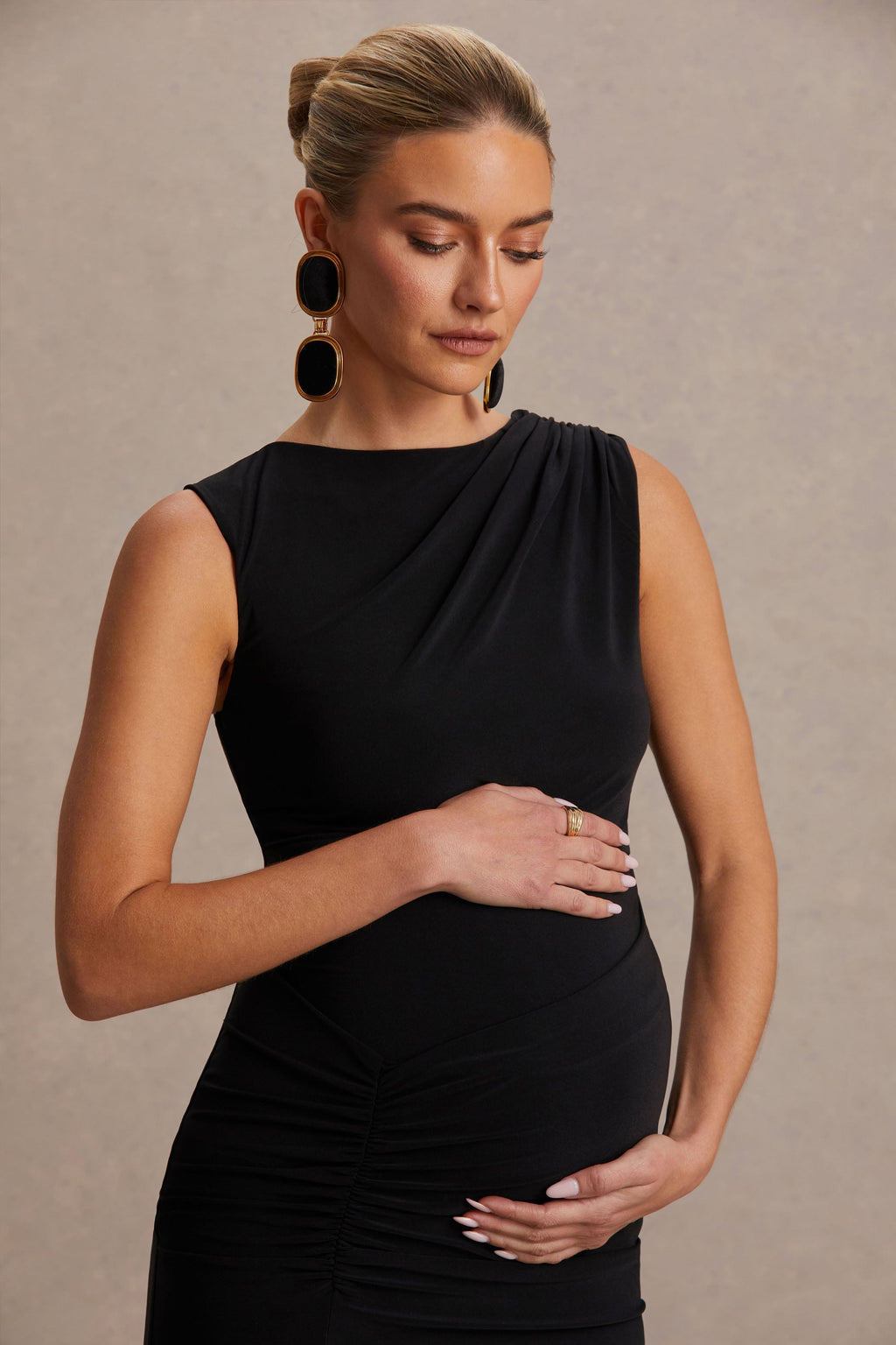 Raven Black Boat-Neck Maternity Maxi Dress With Gathered-Detailing – second lifestyle photo