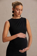 Raven Black Boat-Neck Maternity Maxi Dress With Gathered-Detailing – second lifestyle photo
