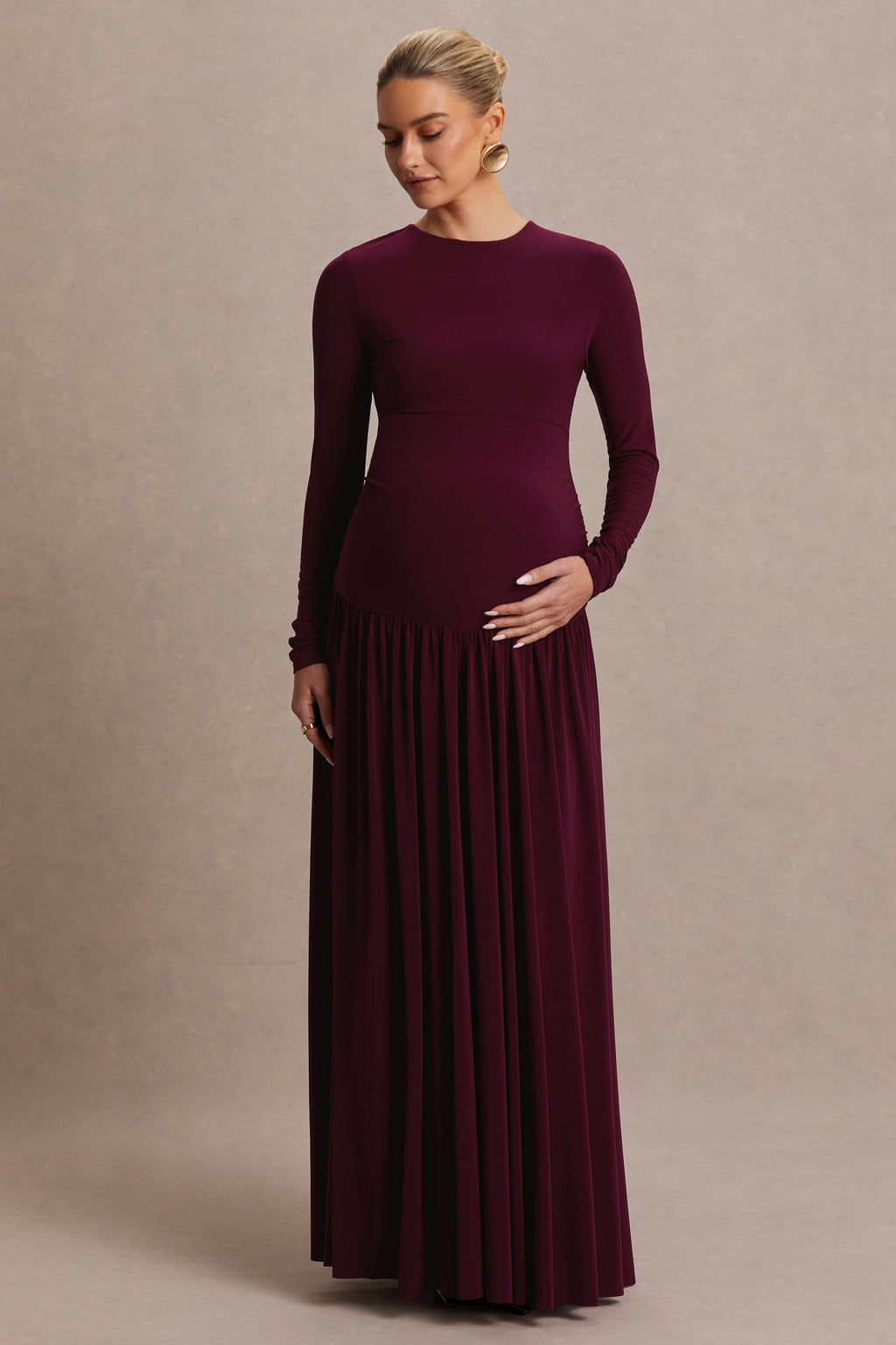 Monroe Burgundy Crew-Neck Maternity Maxi Dress With Drop-Waist – side view