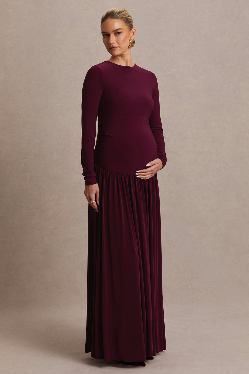 Monroe Burgundy Crew-Neck Maternity Maxi Dress With Drop-Waist – back view