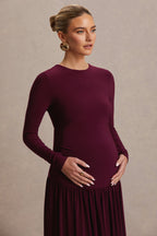 Monroe Burgundy Crew-Neck Maternity Maxi Dress With Drop-Waist – second lifestyle photo