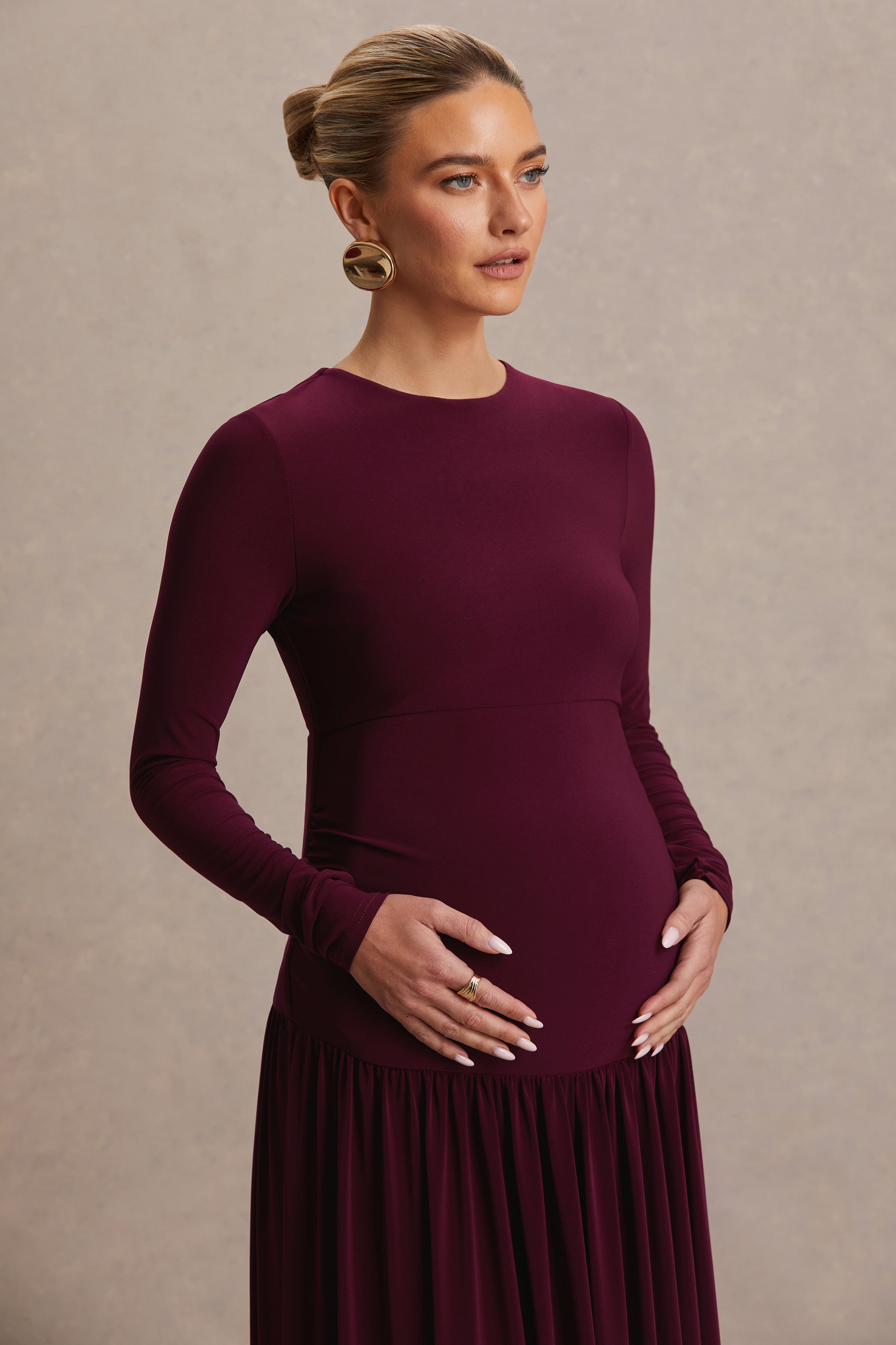 Monroe Burgundy Crew-Neck Maternity Maxi Dress With Drop-Waist – second lifestyle photo