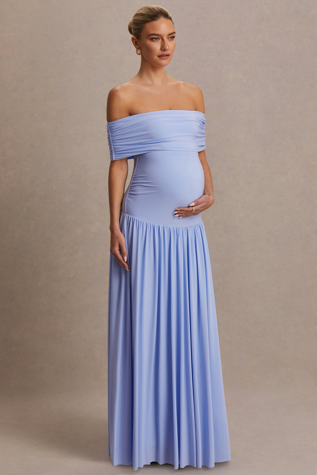 Juliette Powder Blue Bardot-Neck Maternity Maxi Dress With Drop-Waist – back view