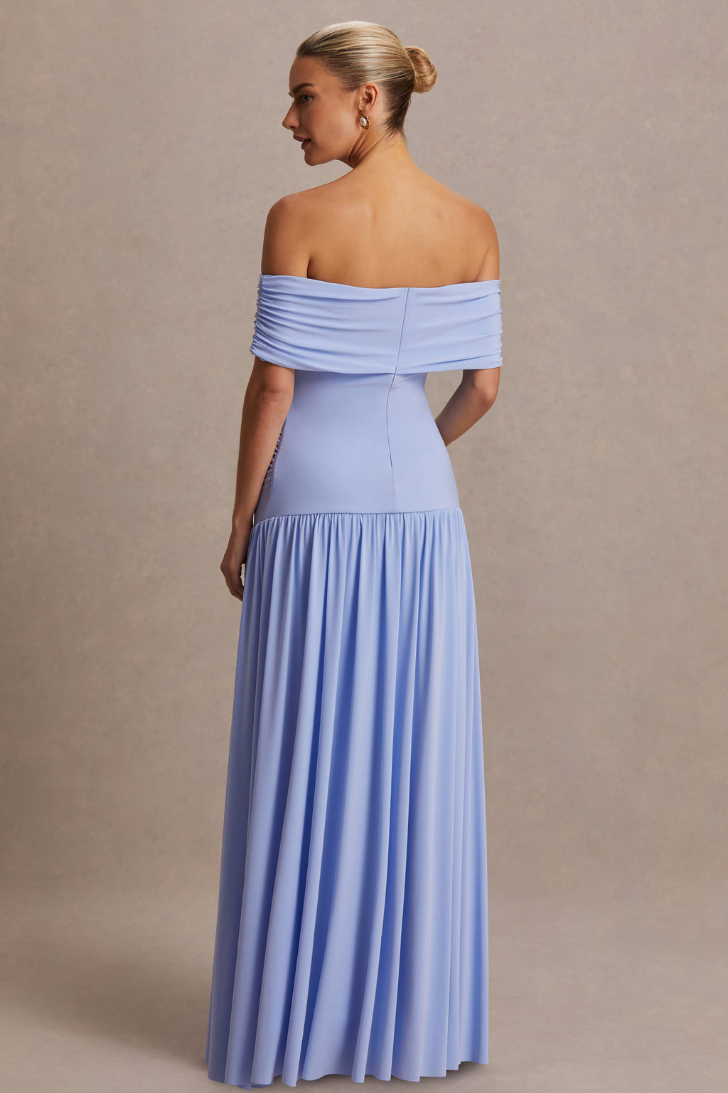 Juliette Powder Blue Bardot-Neck Maternity Maxi Dress With Drop-Waist – lifestyle photo