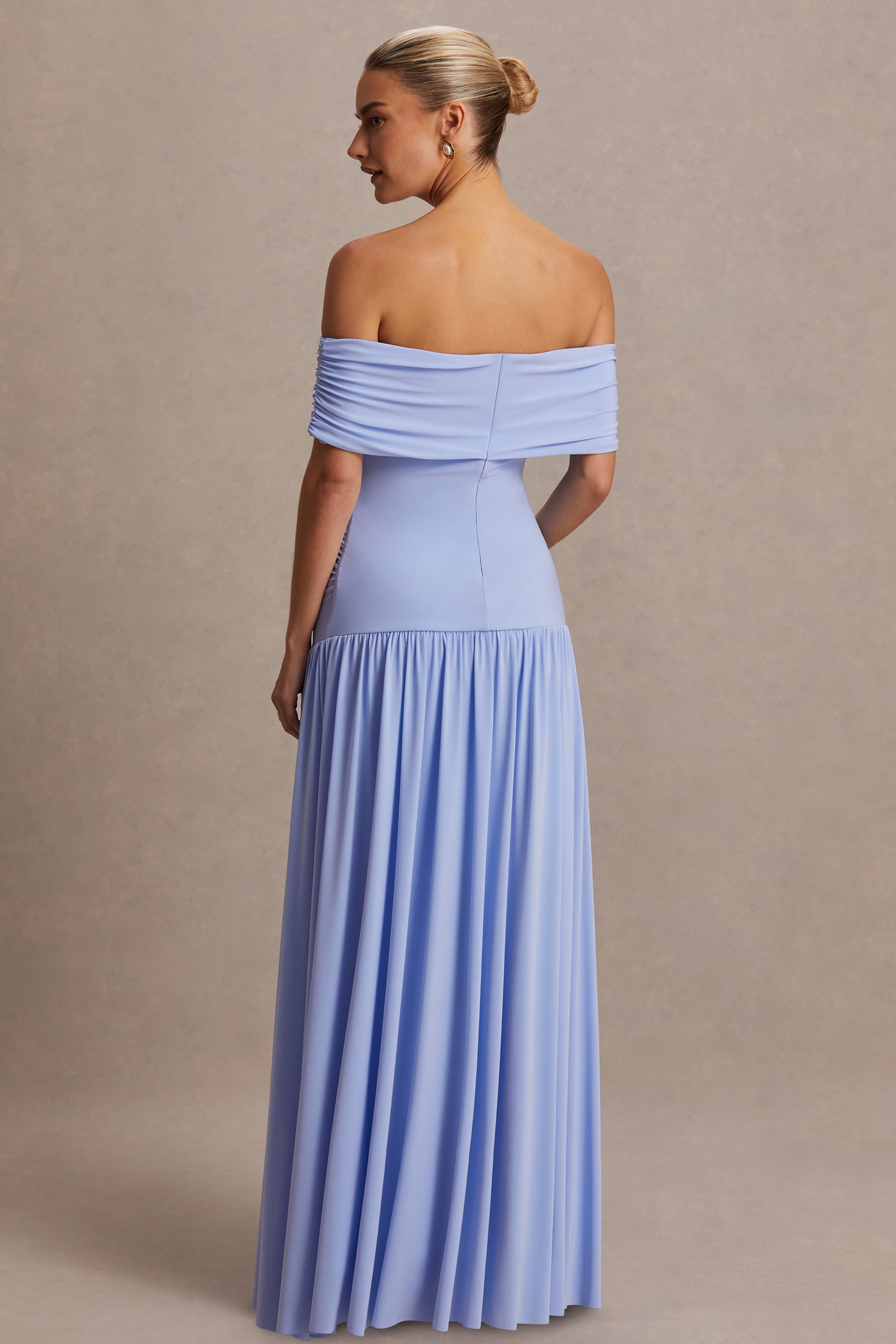 Juliette Powder Blue Bardot-Neck Maternity Maxi Dress With Drop-Waist – lifestyle photo