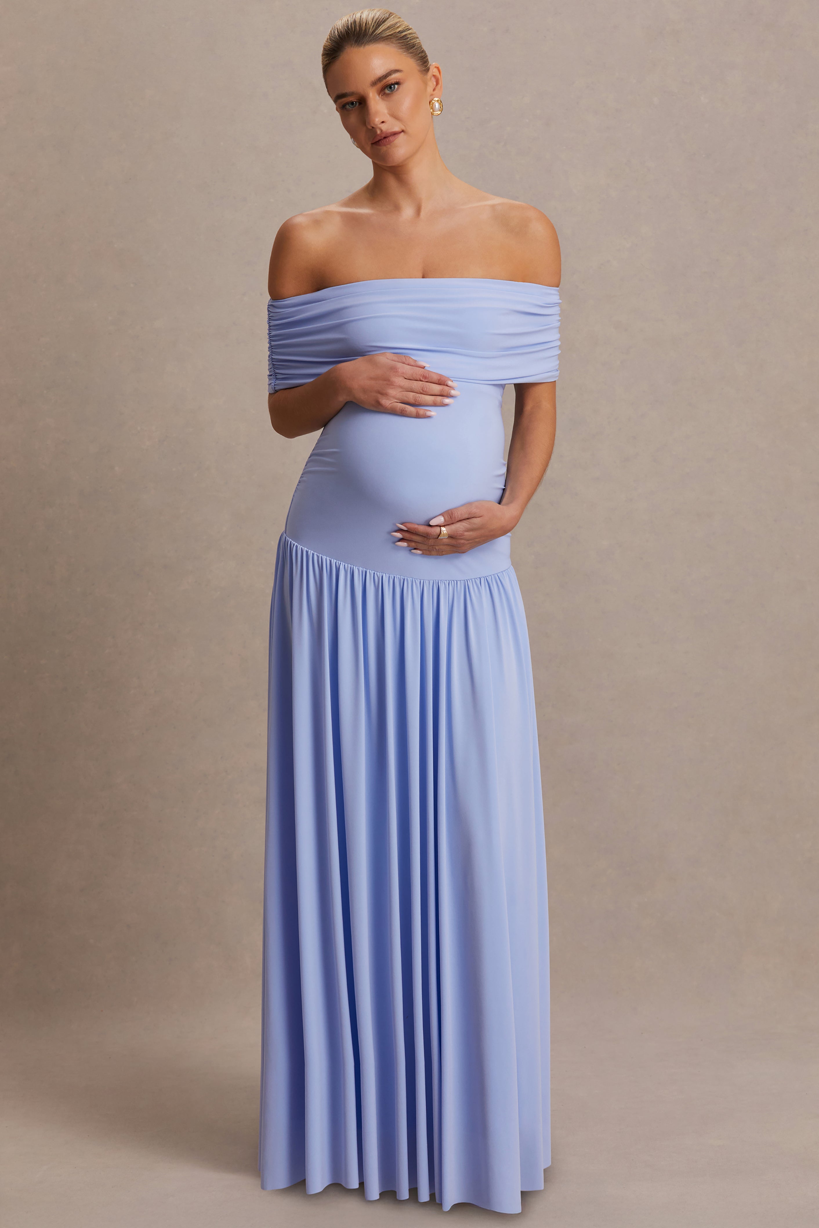 Juliette Powder Blue Bardot-Neck Maternity Maxi Dress With Drop-Waist – side view