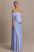 Juliette Powder Blue Bardot-Neck Maternity Maxi Dress With Drop-Waist – front view