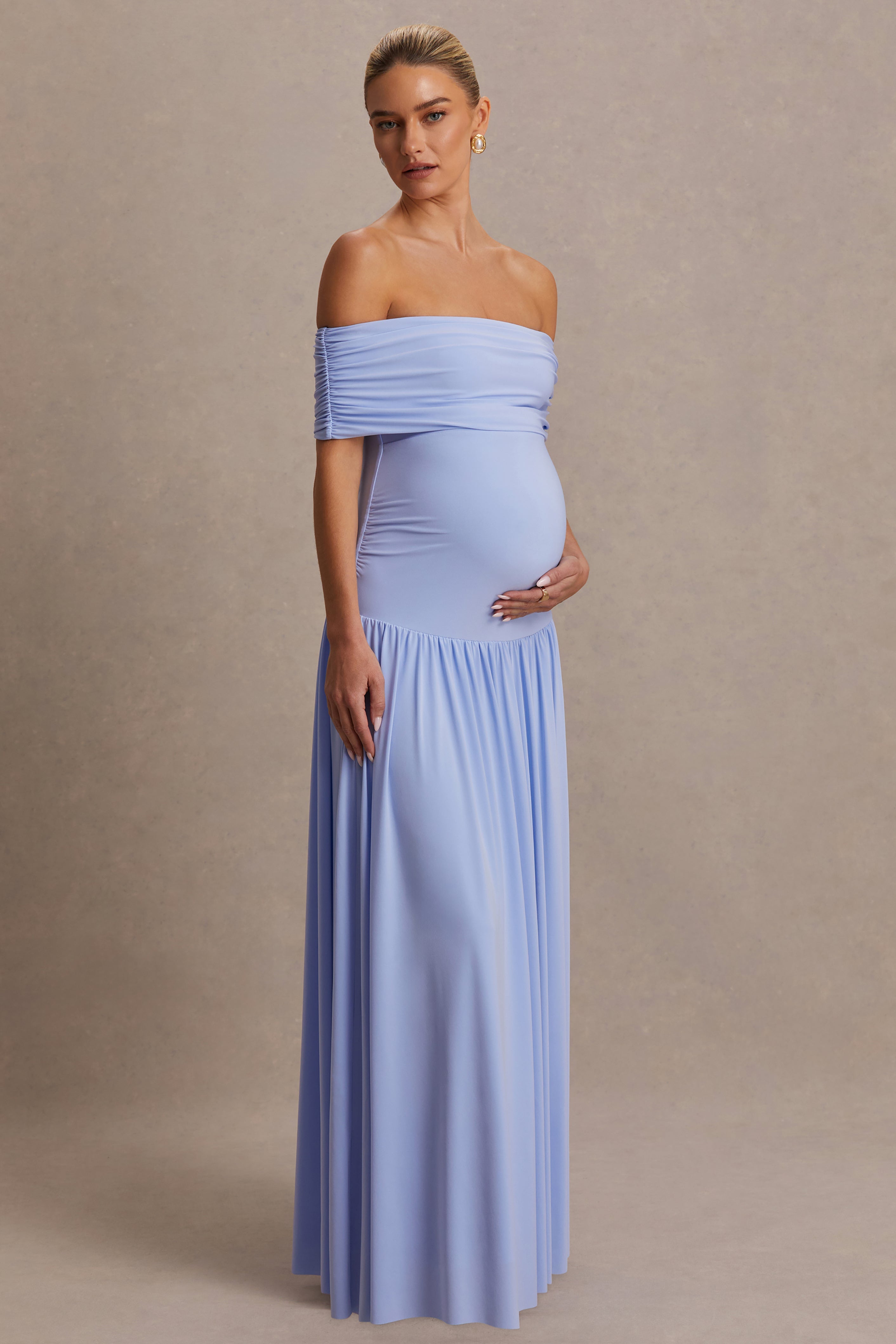 Juliette Powder Blue Bardot-Neck Maternity Maxi Dress With Drop-Waist – front view