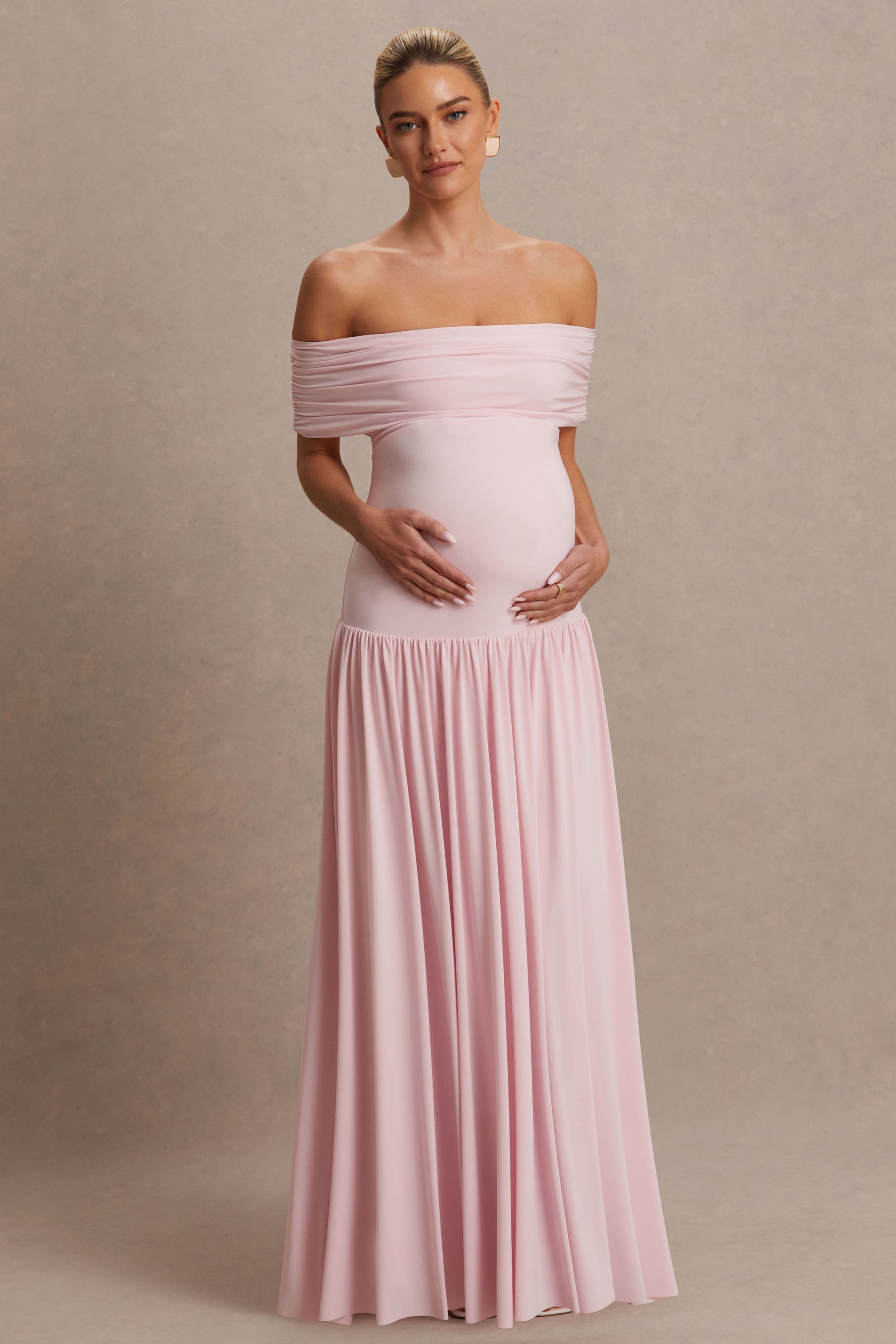 Juliette Blush Pink Bardot-Neck Maternity Maxi Dress With Drop-Waist – front view