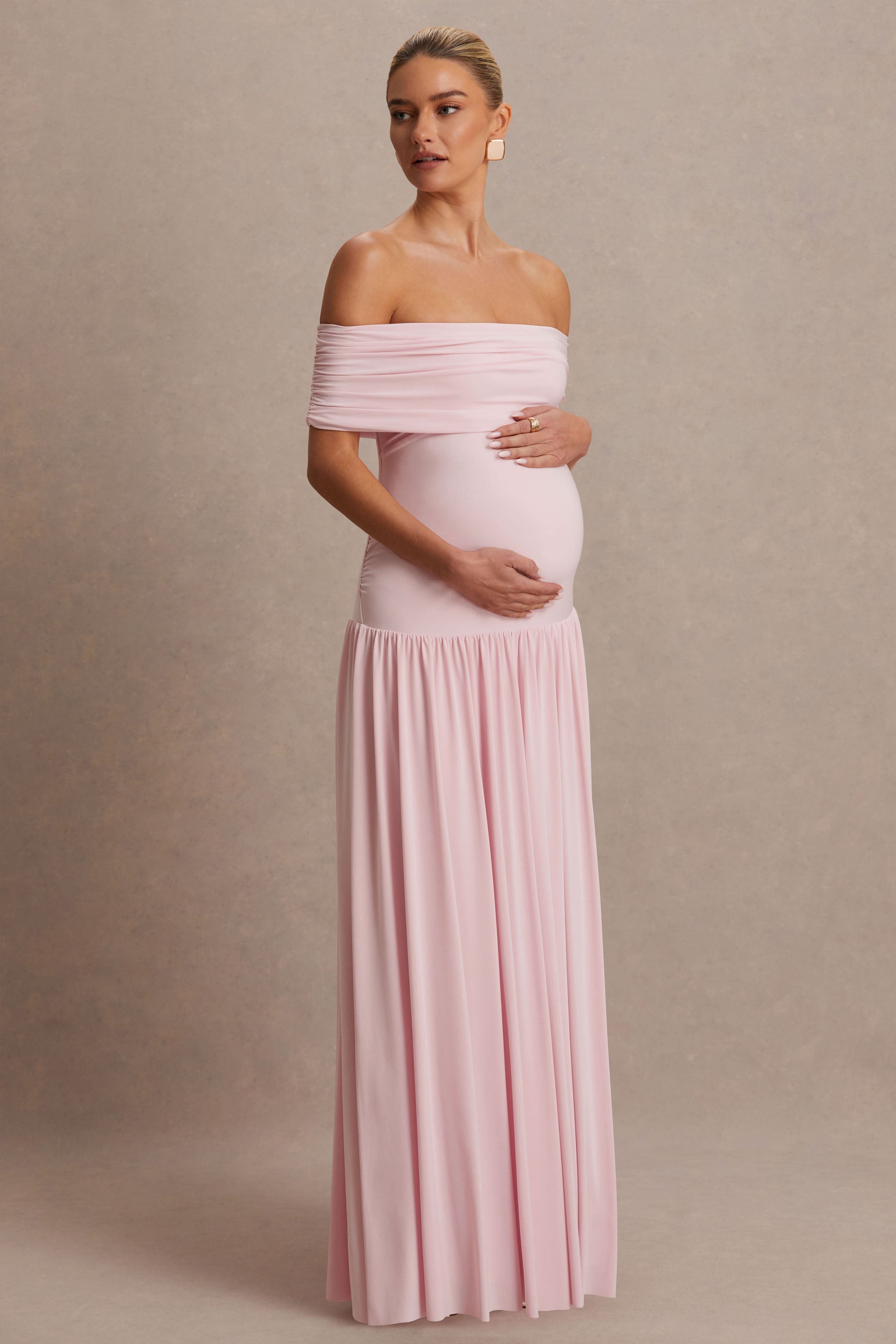 Juliette Blush Pink Bardot-Neck Maternity Maxi Dress With Drop-Waist – side view