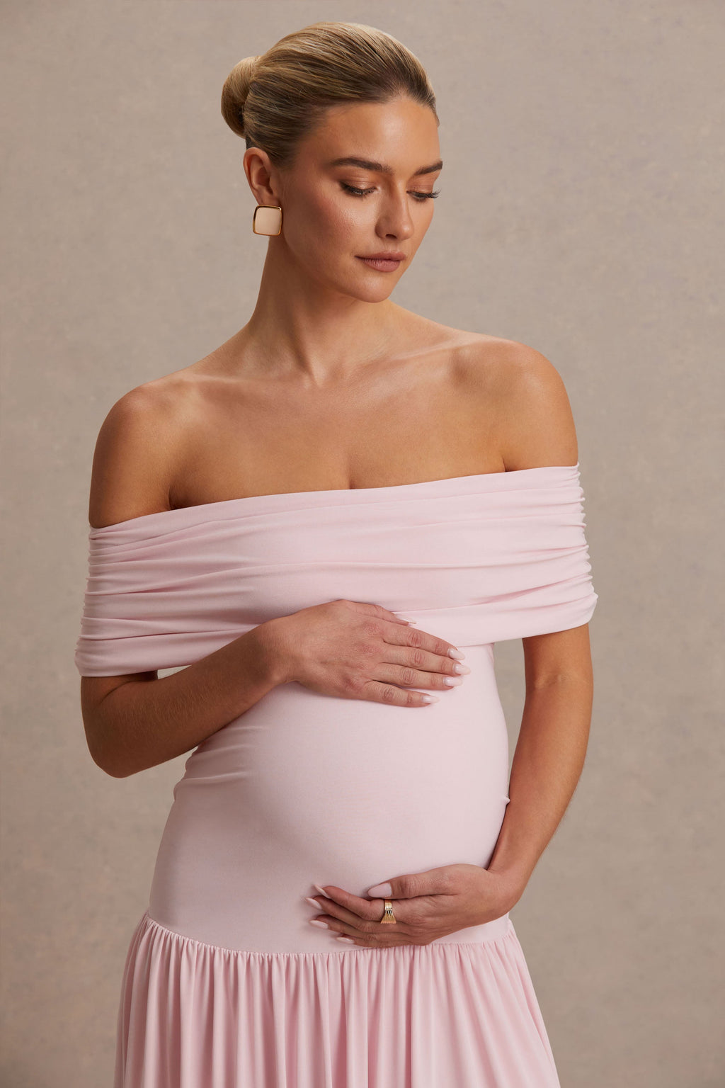 Juliette Blush Pink Bardot-Neck Maternity Maxi Dress With Drop-Waist – second lifestyle photo