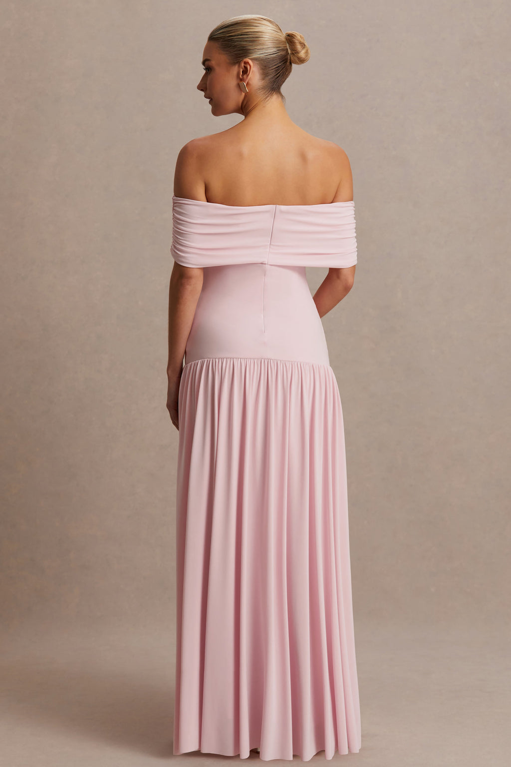Juliette Blush Pink Bardot-Neck Maternity Maxi Dress With Drop-Waist – lifestyle photo