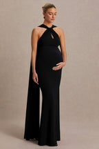Lyra Black Cross Halter-Neck Maternity Maxi Dress With Cape – front view