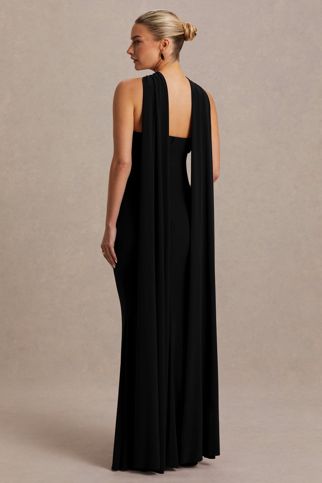 Lyra Black Cross Halter-Neck Maternity Maxi Dress With Cape – lifestyle photo