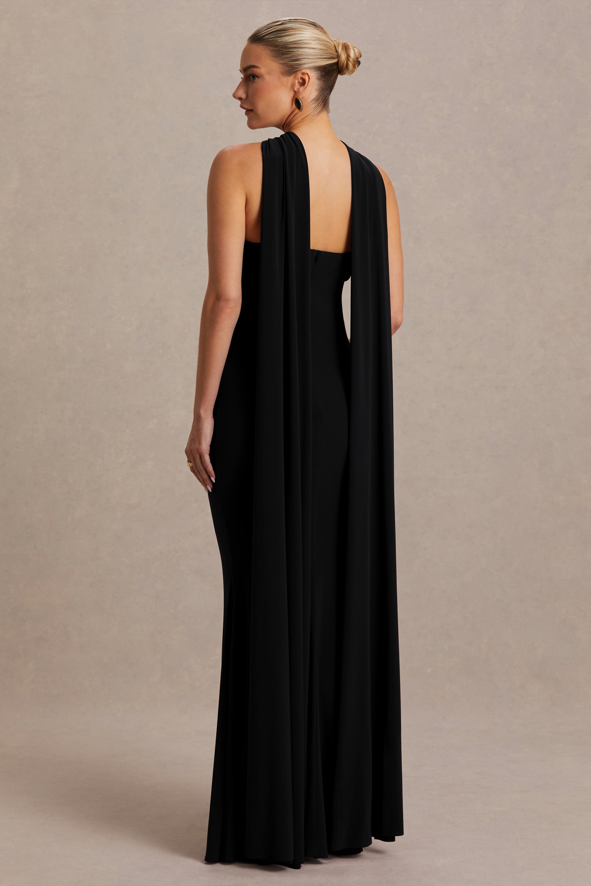 Lyra Black Cross Halter-Neck Maternity Maxi Dress With Cape – lifestyle photo