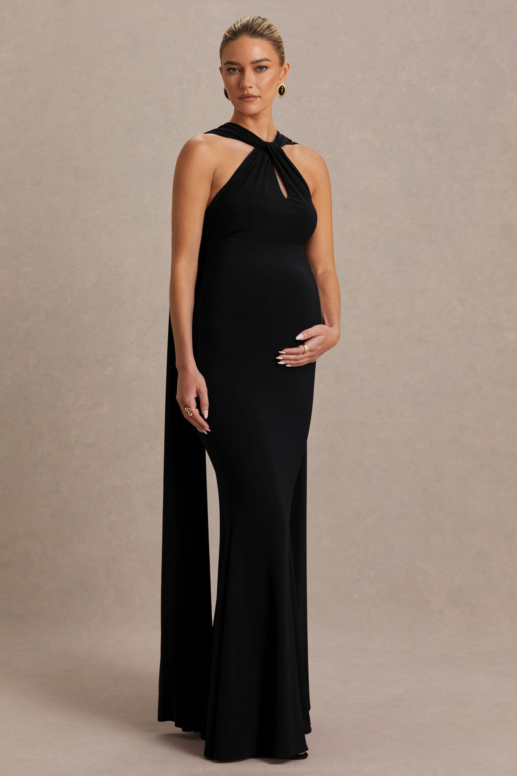 Lyra Black Cross Halter-Neck Maternity Maxi Dress With Cape – detail shot