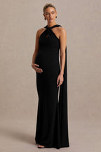 Lyra Black Cross Halter-Neck Maternity Maxi Dress With Cape – back view