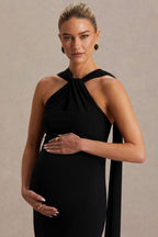 Lyra Black Cross Halter-Neck Maternity Maxi Dress With Cape – second lifestyle photo