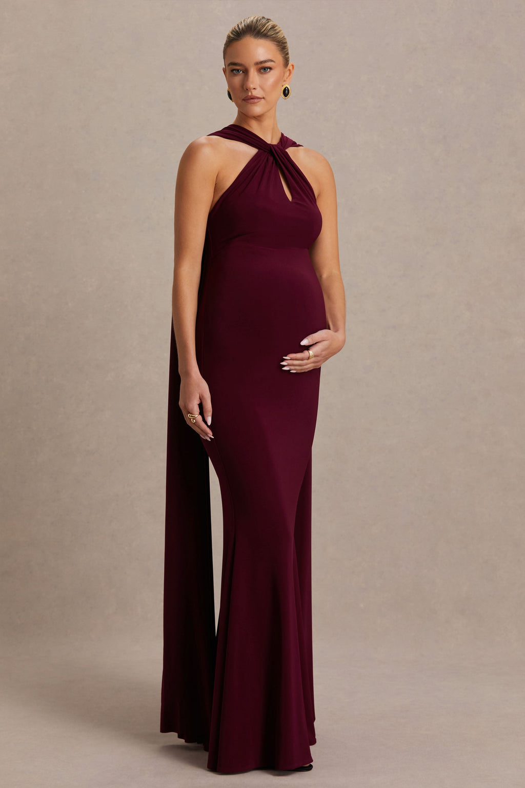 Driftly | Lyra Burgundy Cross Halter-Neck Maternity Maxi Dress With Cape