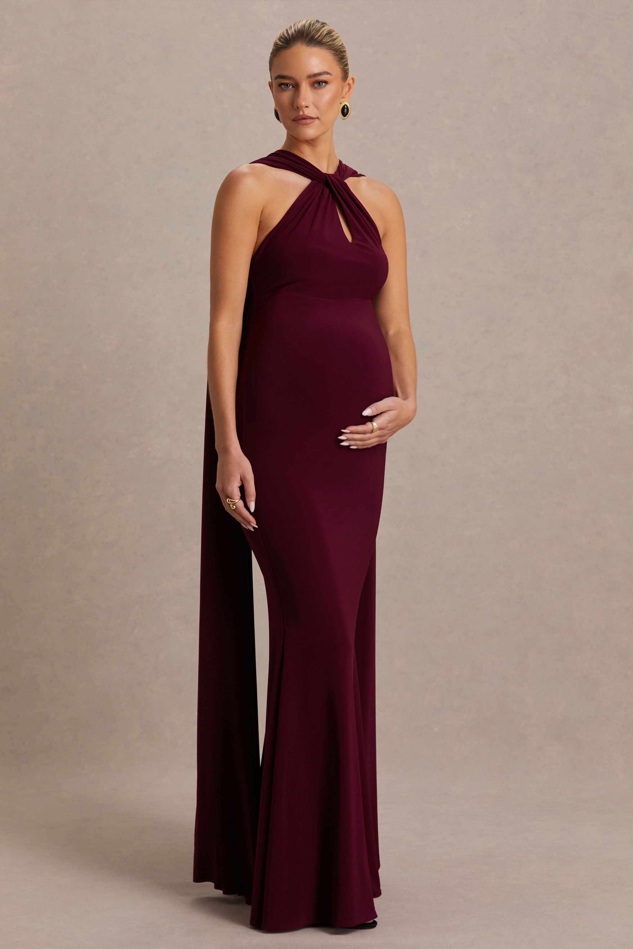 Driftly | Lyra Burgundy Cross Halter-Neck Maternity Maxi Dress With Cape