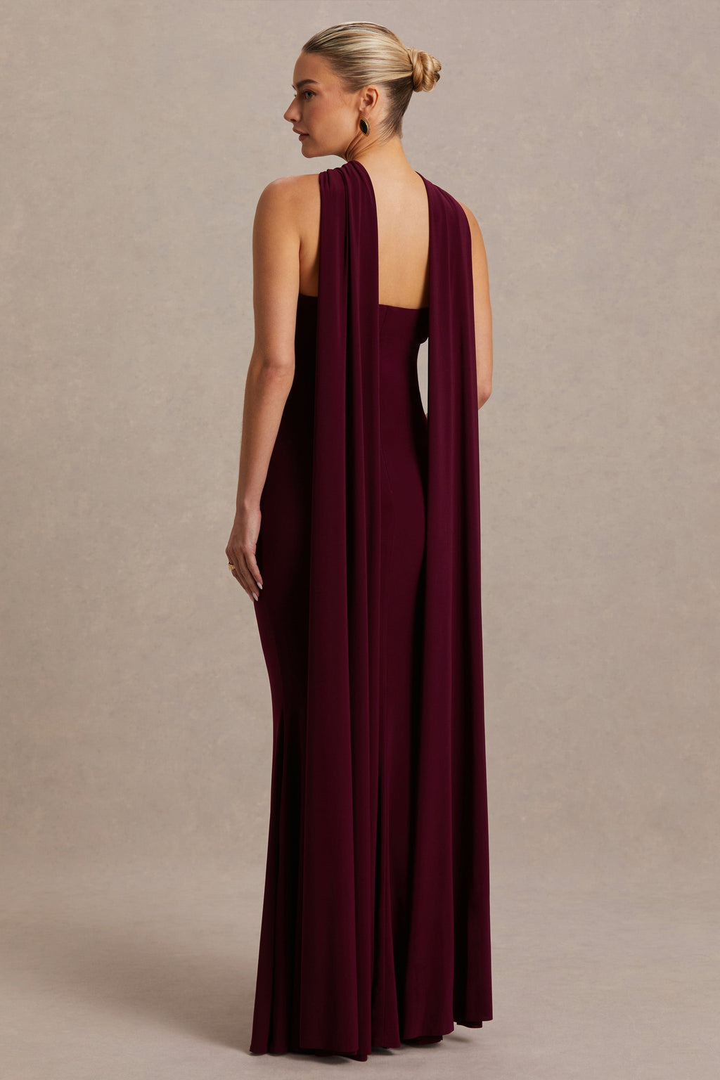 Driftly | Lyra Burgundy Cross Halter-Neck Maternity Maxi Dress With Cape