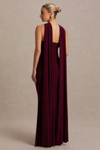 Driftly | Lyra Burgundy Cross Halter-Neck Maternity Maxi Dress With Cape