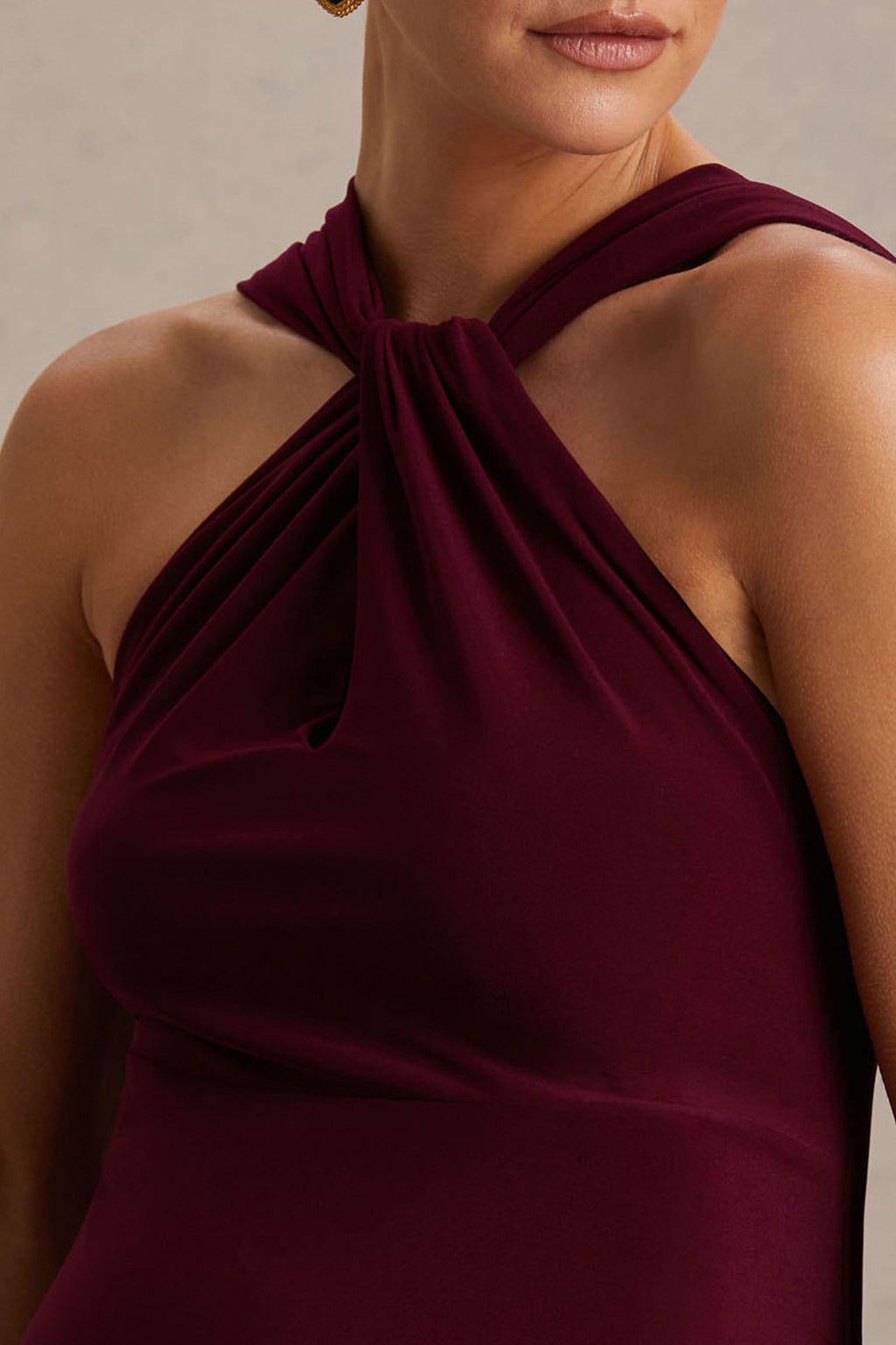 Driftly | Lyra Burgundy Cross Halter-Neck Maternity Maxi Dress With Cape