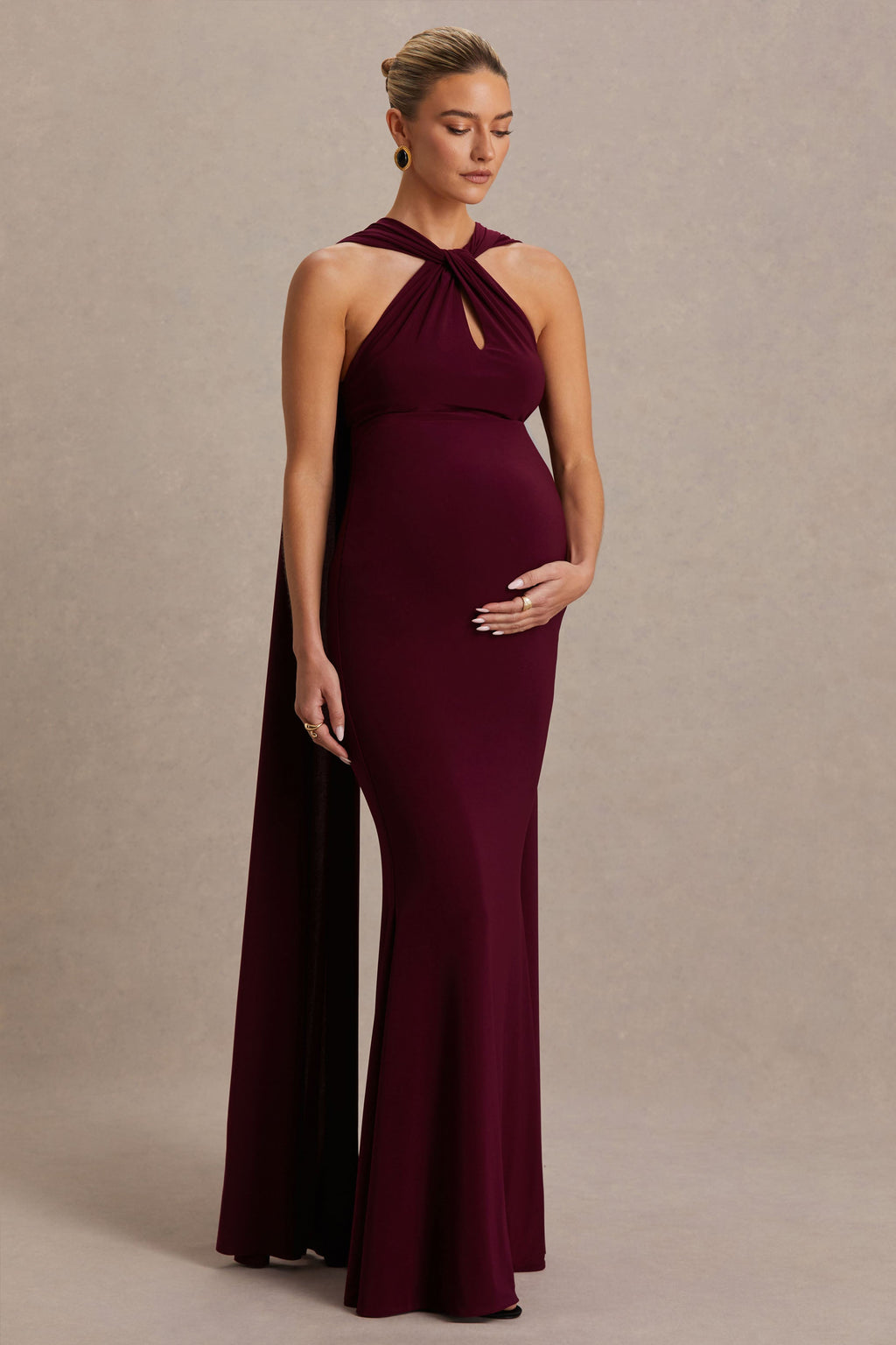 Driftly | Lyra Burgundy Cross Halter-Neck Maternity Maxi Dress With Cape