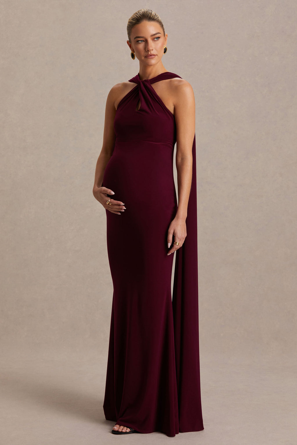 Driftly | Lyra Burgundy Cross Halter-Neck Maternity Maxi Dress With Cape