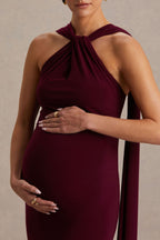 Lyra Burgundy Cross Halter-Neck Maternity Maxi Dress With Cape – second lifestyle photo