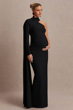 Tessy Black Asymmetric-Neck Maternity Maxi Dress With Cape-Sleeve – front view