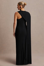 Tessy Black Asymmetric-Neck Maternity Maxi Dress With Cape-Sleeve – lifestyle photo