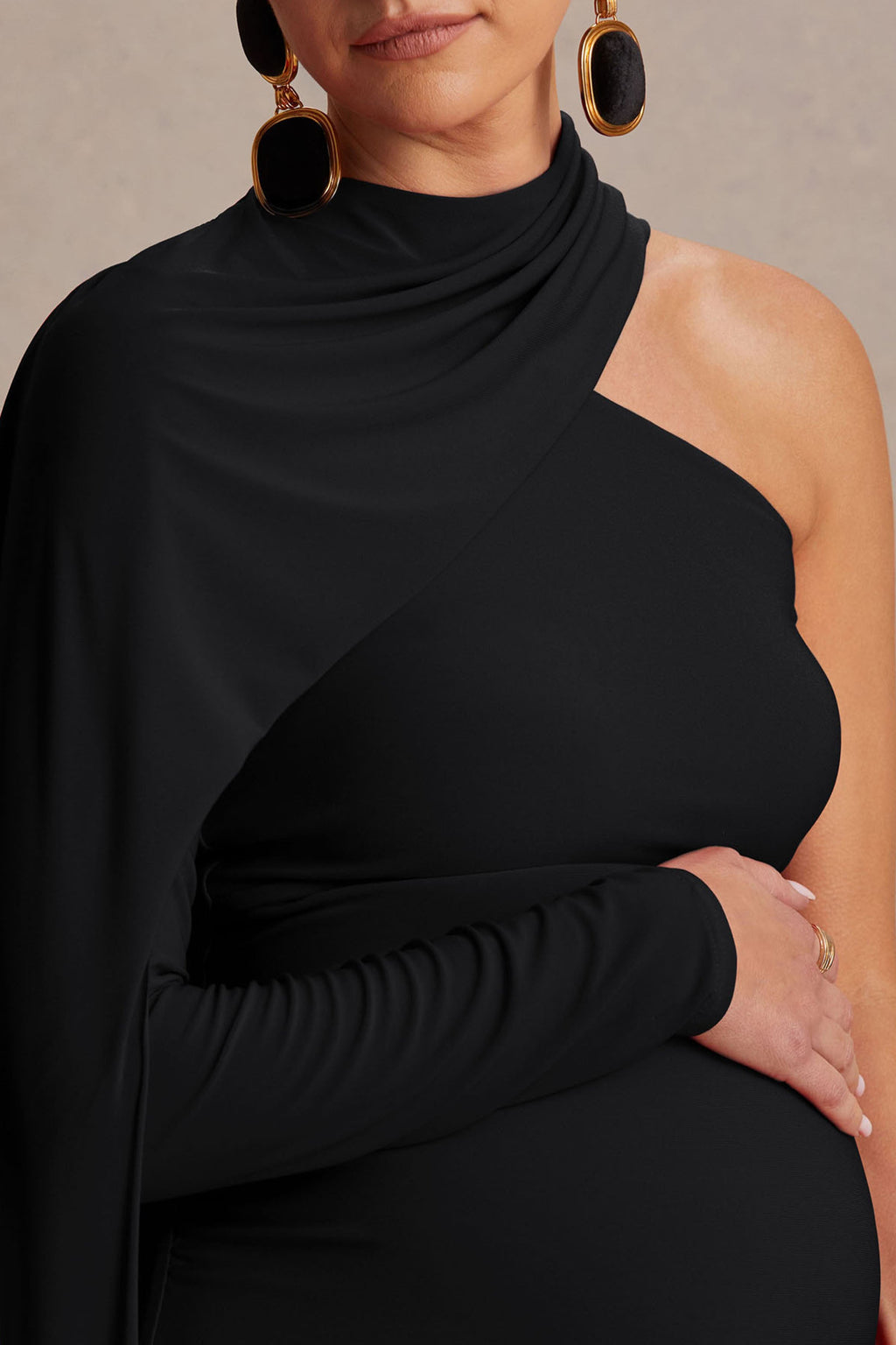 Tessy Black Asymmetric-Neck Maternity Maxi Dress With Cape-Sleeve – detail shot