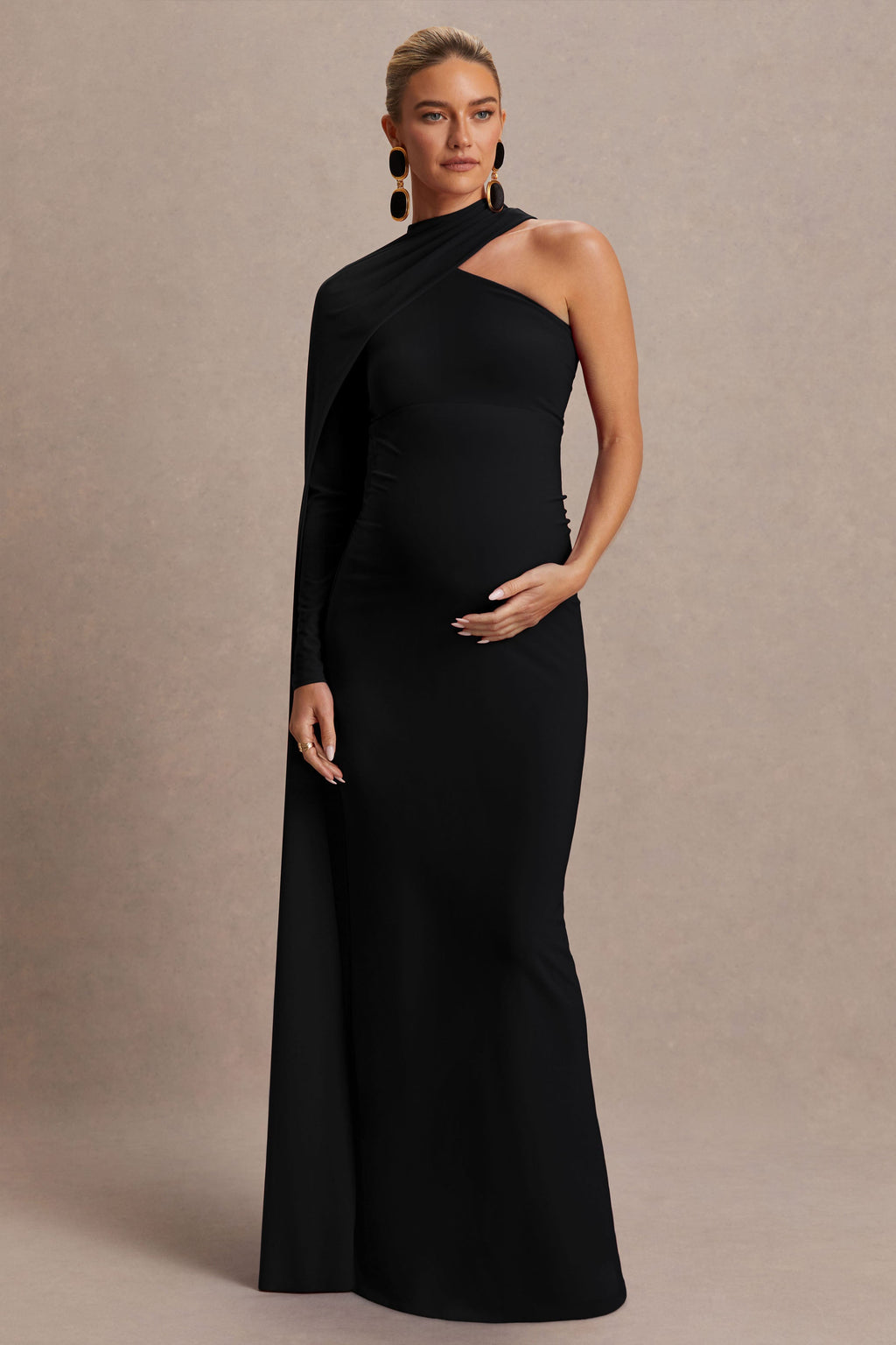 Tessy Black Asymmetric-Neck Maternity Maxi Dress With Cape-Sleeve – side view