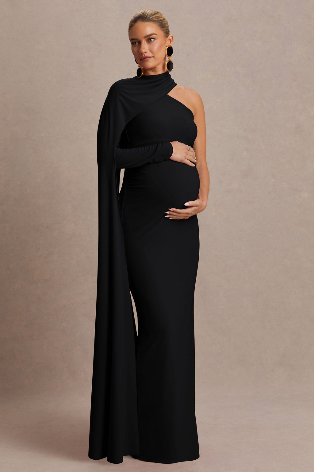 Tessy Black Asymmetric-Neck Maternity Maxi Dress With Cape-Sleeve – back view