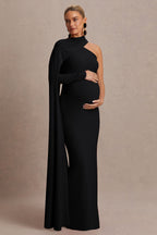 Tessy Black Asymmetric-Neck Maternity Maxi Dress With Cape-Sleeve – back view