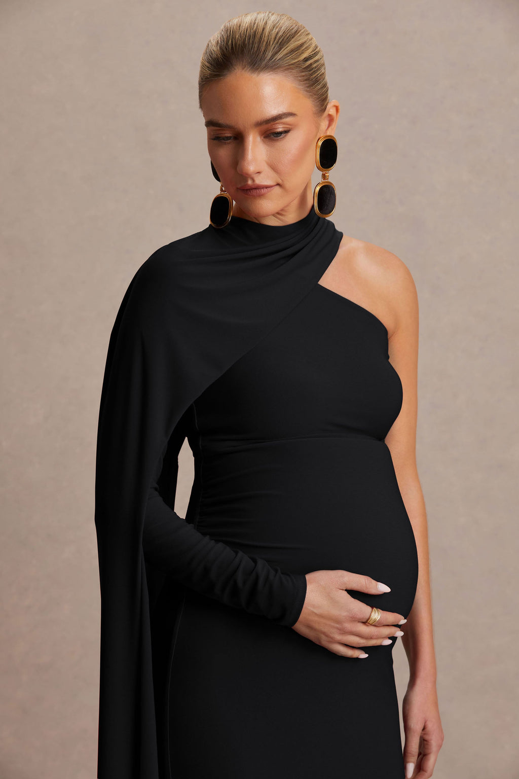 Tessy Black Asymmetric-Neck Maternity Maxi Dress With Cape-Sleeve – second lifestyle photo