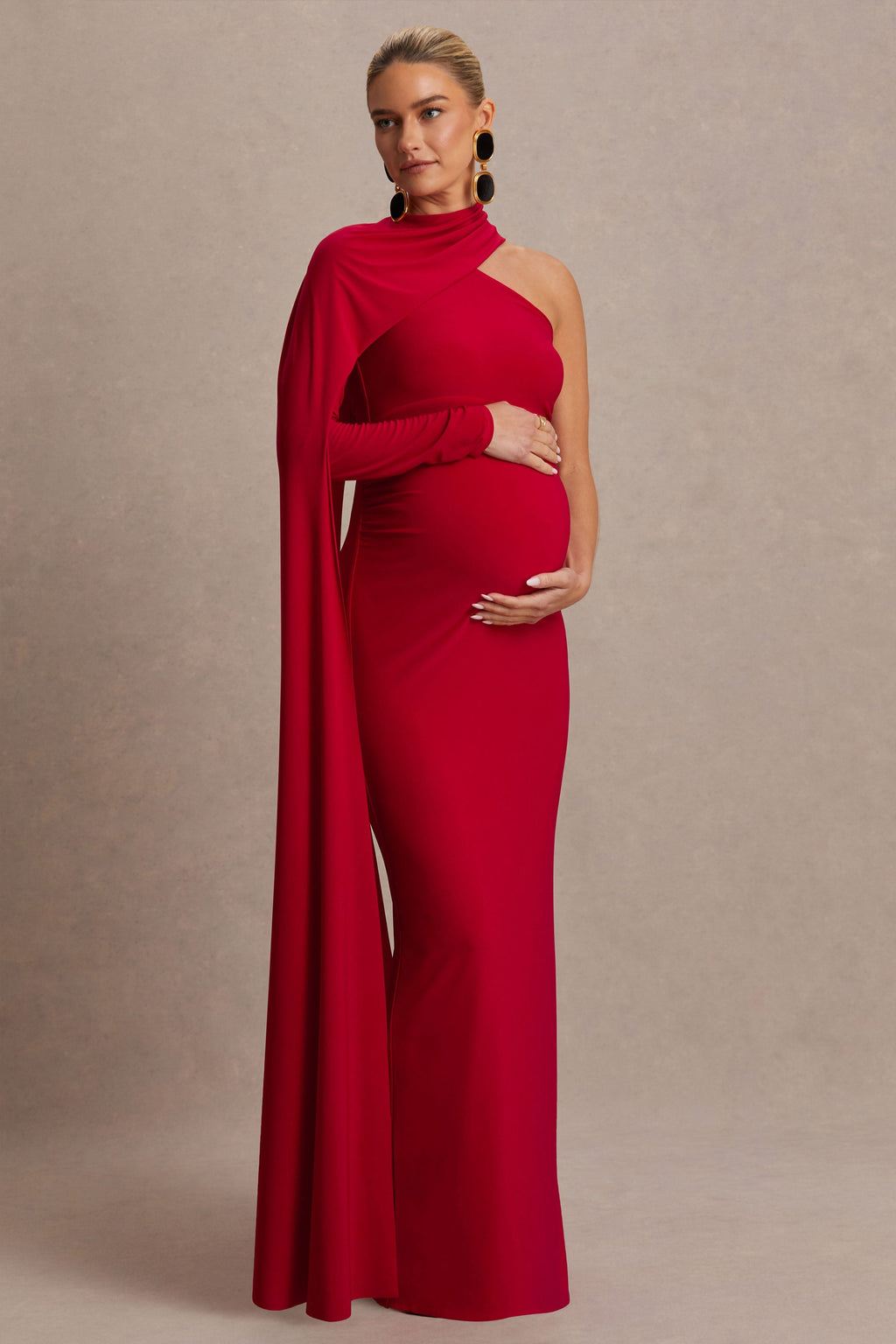 Driftly | Tessy Red Asymmetric-Neck Maternity Maxi Dress With Cape-Sleeve