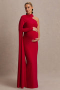 Driftly | Tessy Red Asymmetric-Neck Maternity Maxi Dress With Cape-Sleeve