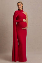 Driftly | Tessy Red Asymmetric-Neck Maternity Maxi Dress With Cape-Sleeve