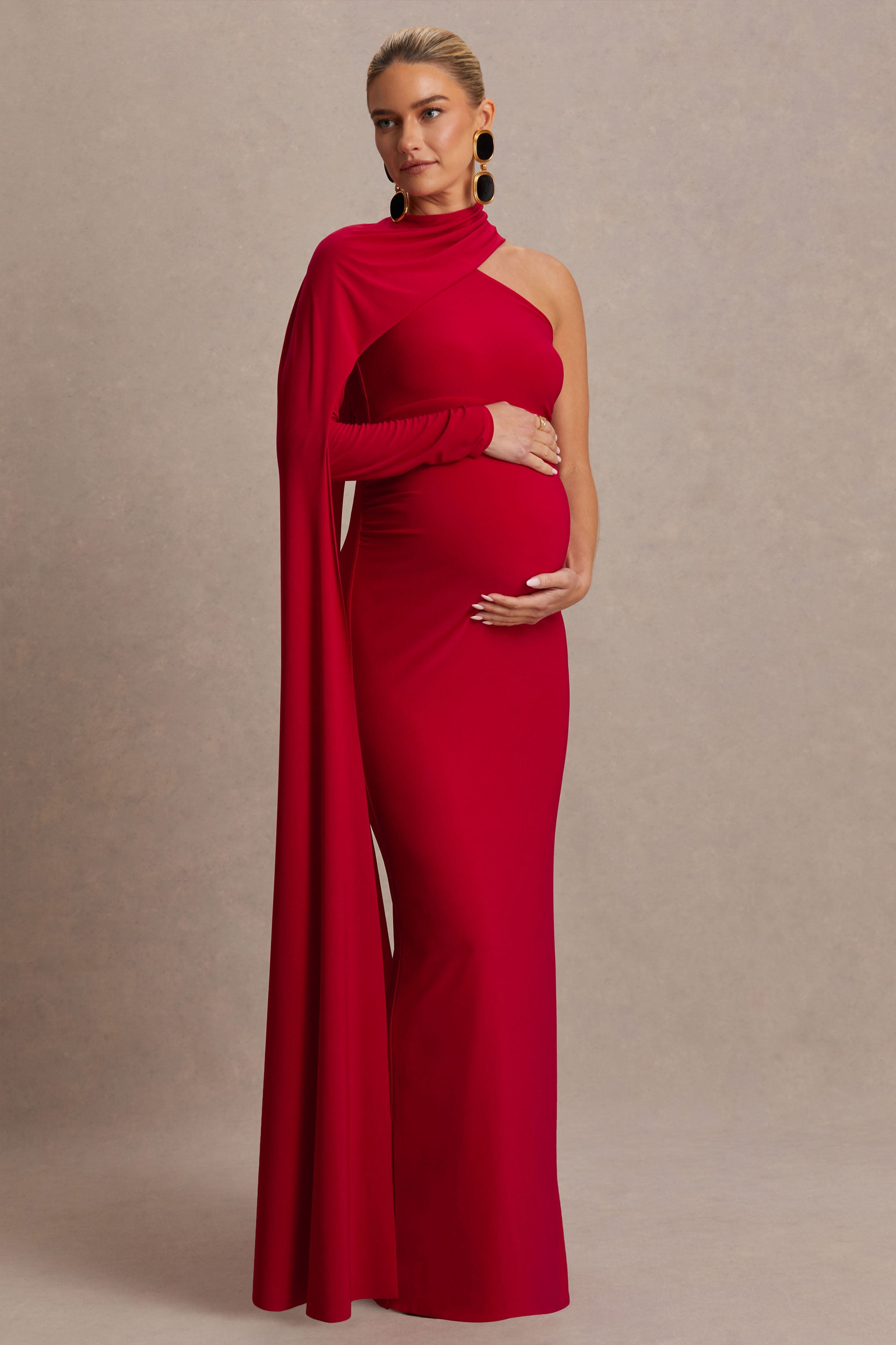 Driftly | Tessy Red Asymmetric-Neck Maternity Maxi Dress With Cape-Sleeve