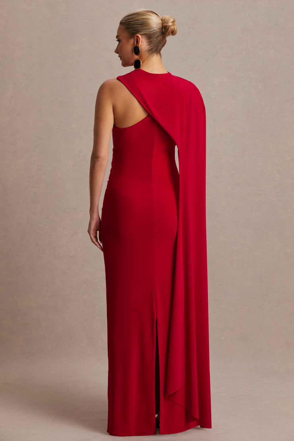 Driftly | Tessy Red Asymmetric-Neck Maternity Maxi Dress With Cape-Sleeve